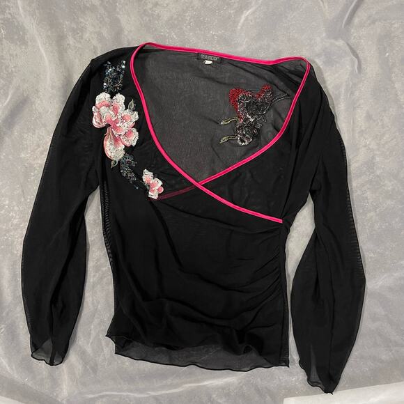 Vintage 00s sheer black mesh wrap blouse with sequin and embroideries (M) - Picture 3 of 9